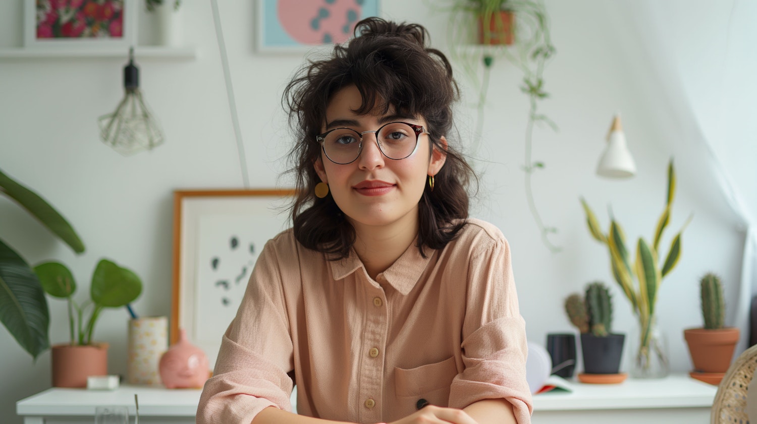 Cozy Workspace with a Smiling Young Woman