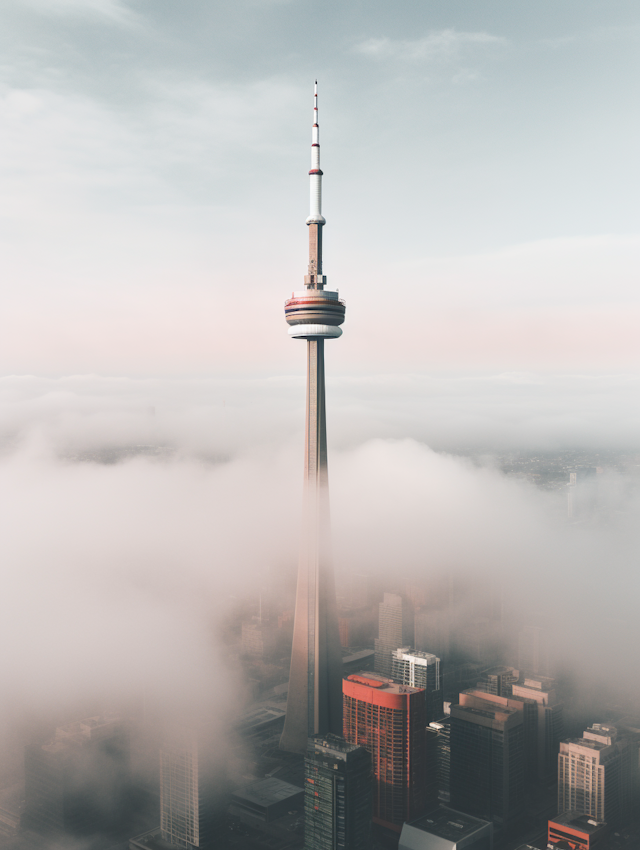 Sky-Piercing Tower Amidst Morning Mist