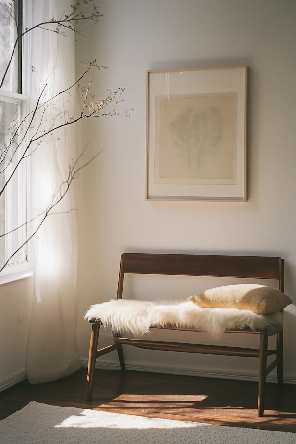Serene Interior Scene with Wooden Bench