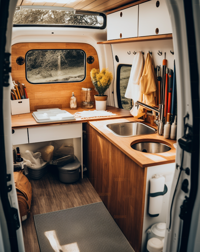 Homely Wooden-Toned Camper Interior with Serene View