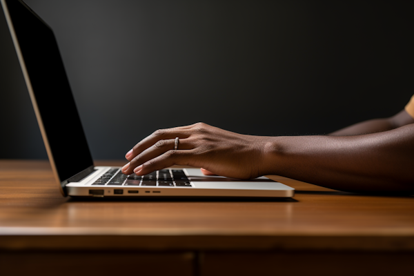 Contemplative Pause - Dark-skinned Hands on Laptop