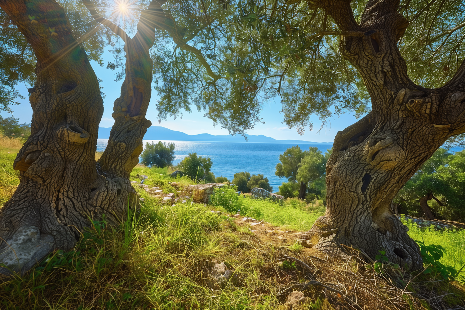 Tranquil Olive Trees and Seascape