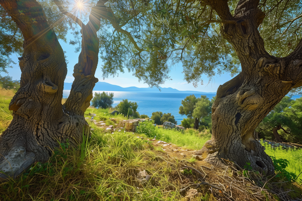 Tranquil Olive Trees and Seascape