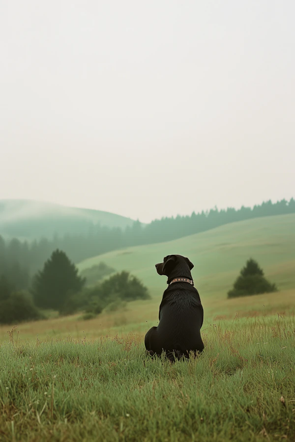 Contemplative Dog in Misty Landscape