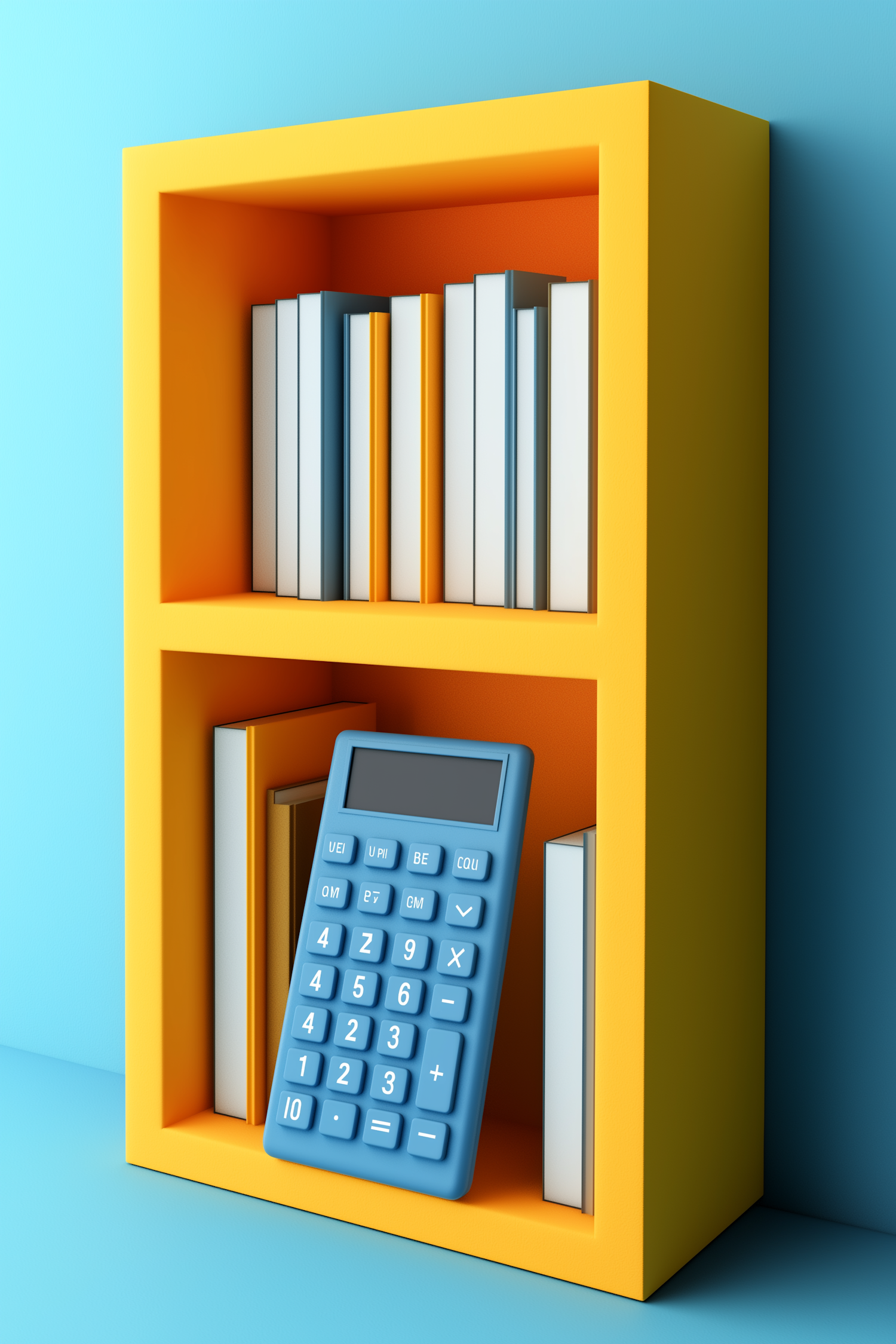 Surreal Calculator and Books on Shelf