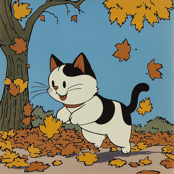 Joyful Cartoon Cat in Autumn