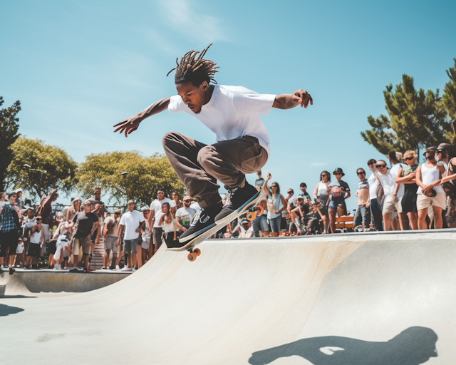 Airborne Skateboarder with Dreadlocks at a Community Skate Park