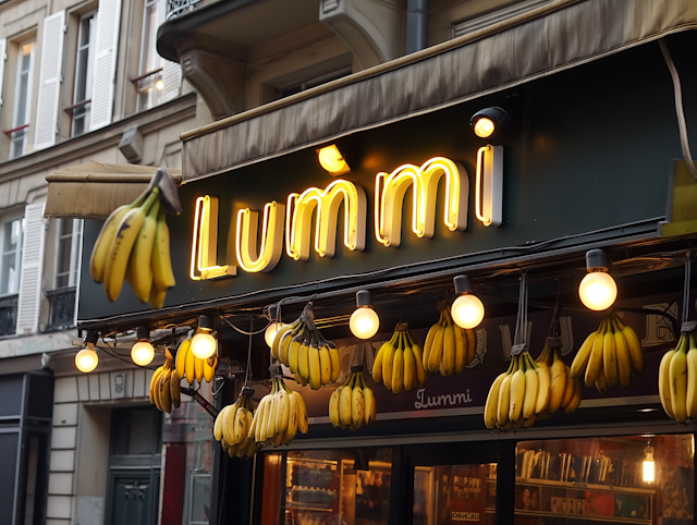 Lummi Storefront with Bananas and Neon Sign