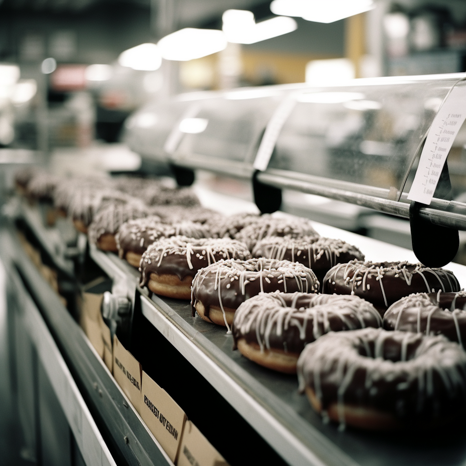 Glossy Glazed Chocolate Donuts with White Drizzle on Tiered Display