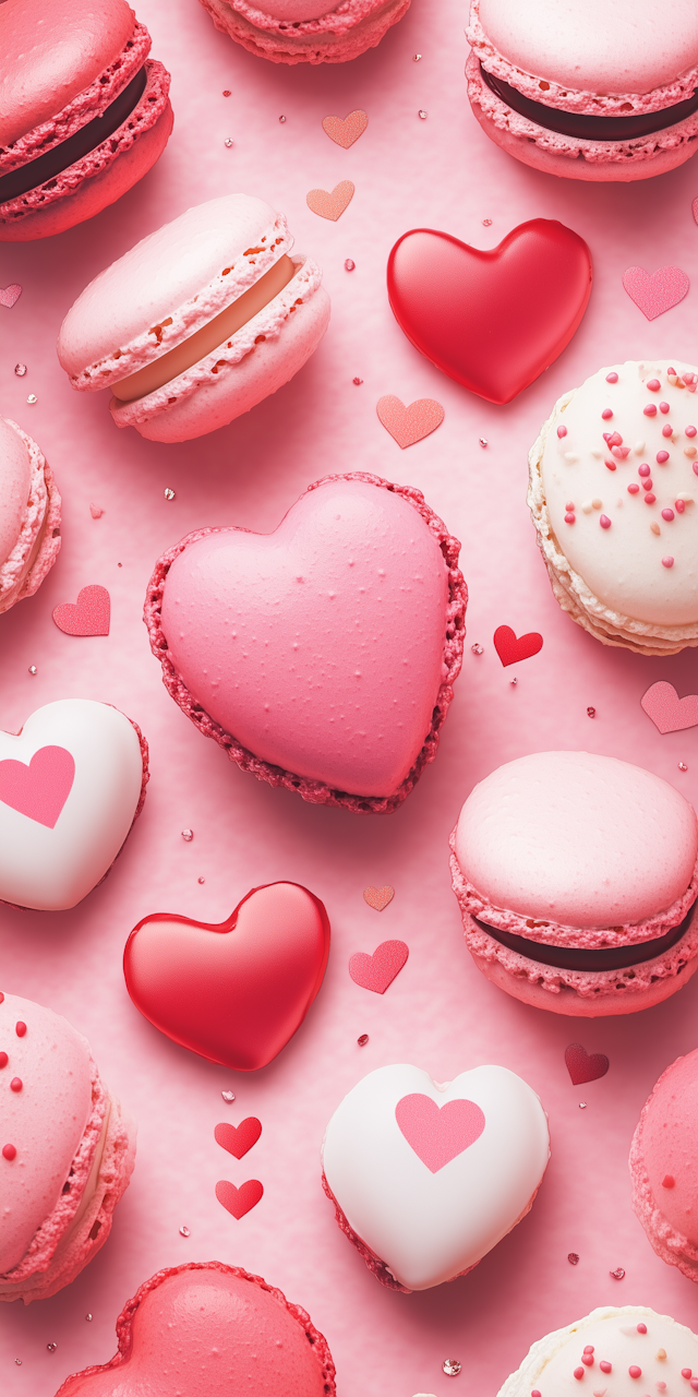 Heart and Round Macarons on Pink Background