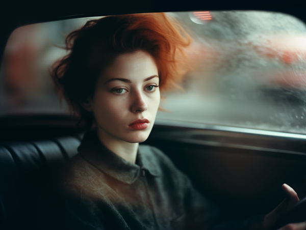 Contemplative Woman in Rainy Vehicle