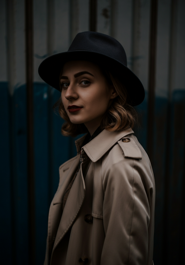 Woman in Beige Trench Coat with Black Hat