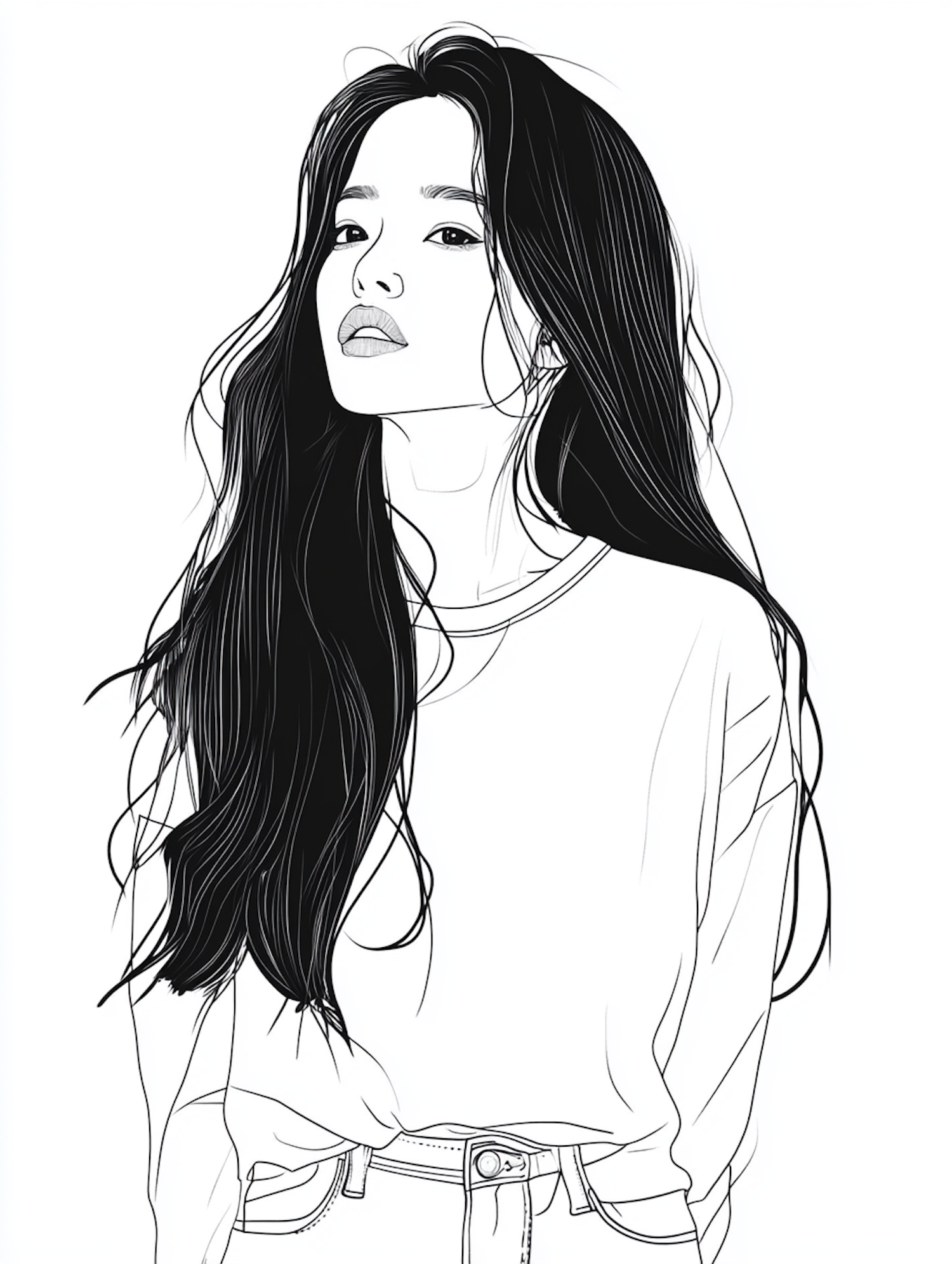 Monochrome Illustration of a Contemplative Young Woman