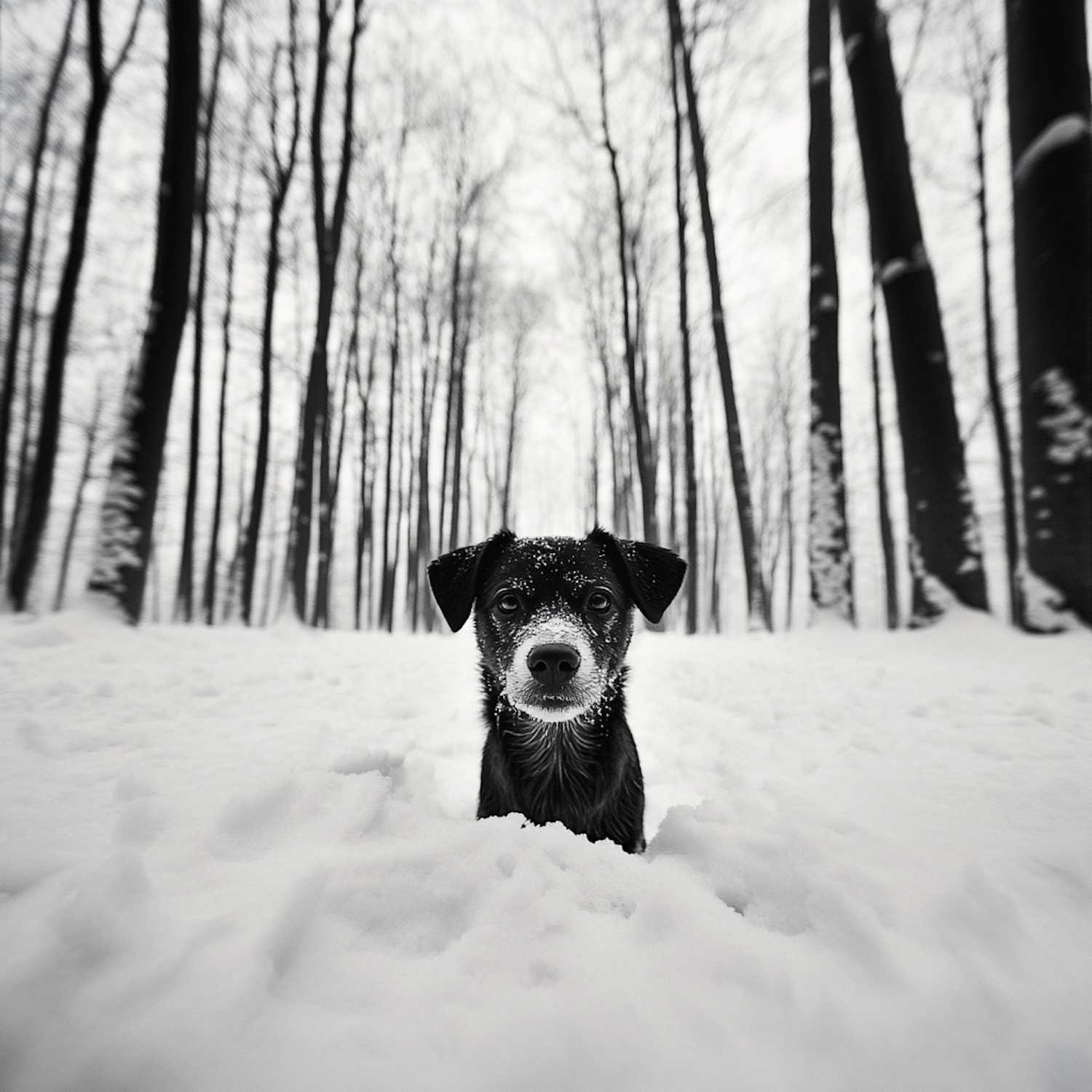 Black Dog in Snowy Forest