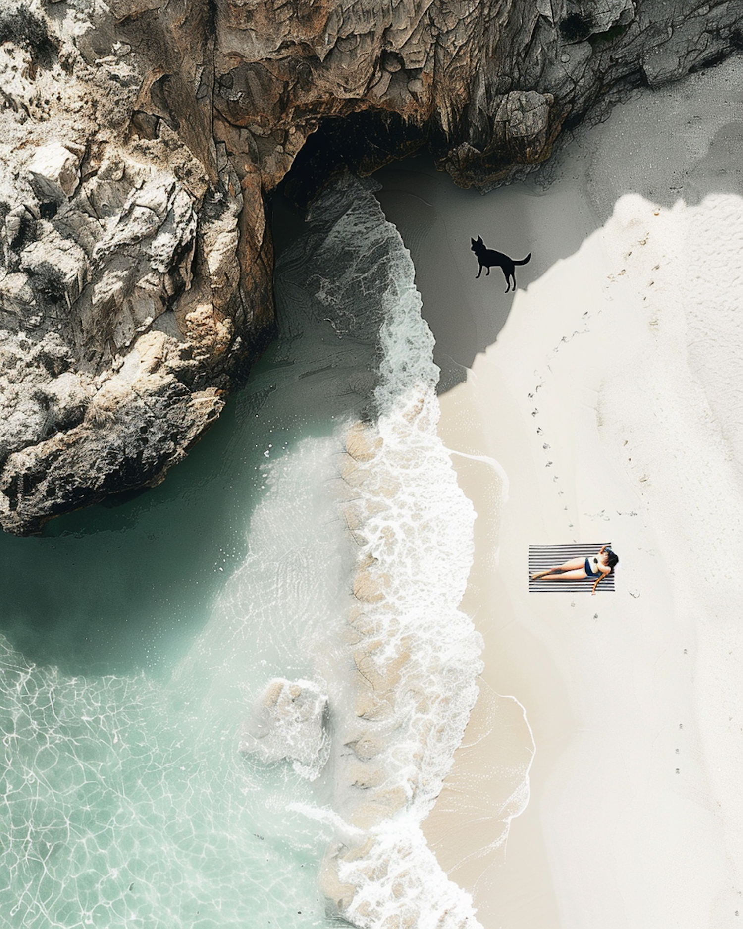 Serene Beach Aerial View with Female and Dog