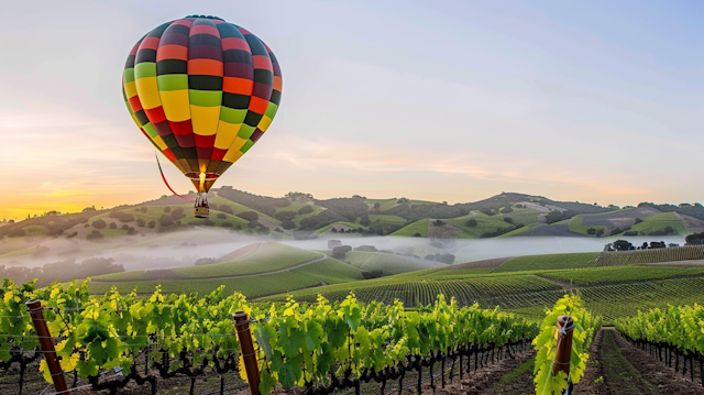 Hot Air Balloon Over Vineyard