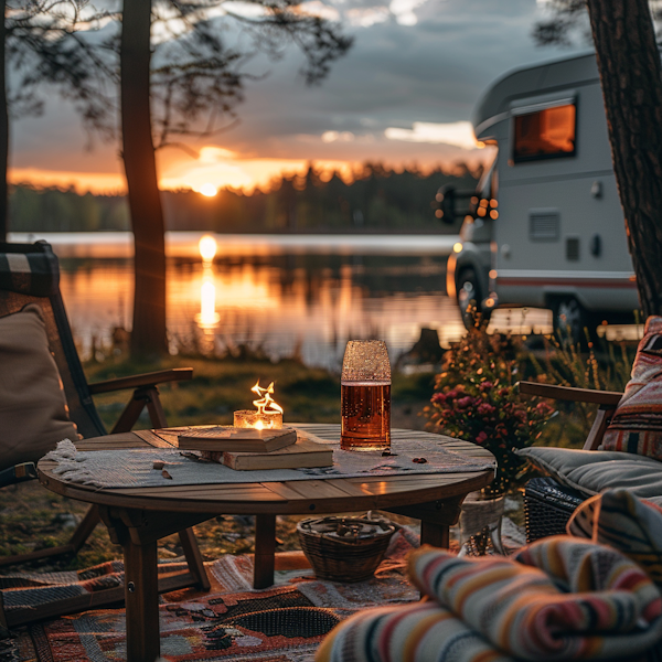 Serene Lakeside Sunset with Camper Van