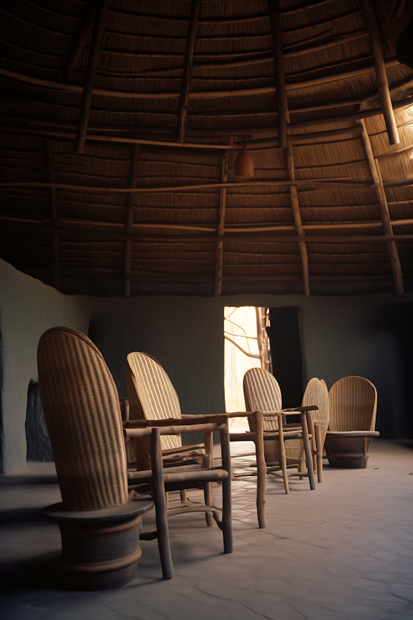 Serene Wicker Chair Arrangement under Vaulted Thatch Ceiling