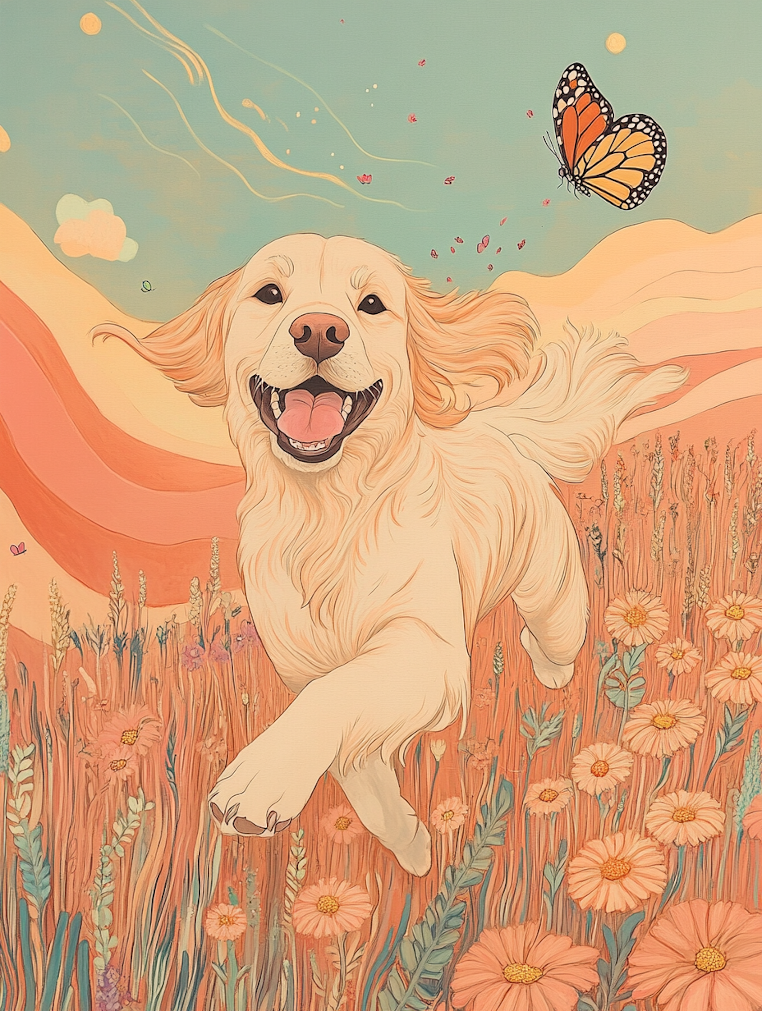 Joyful Golden Retriever in Flower Field