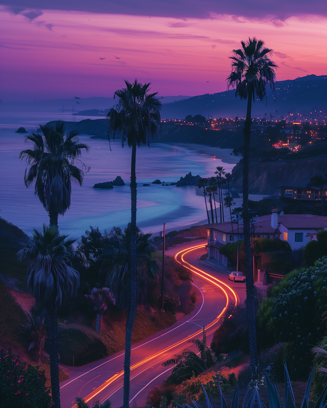 Twilight Palm Trees and Winding Road