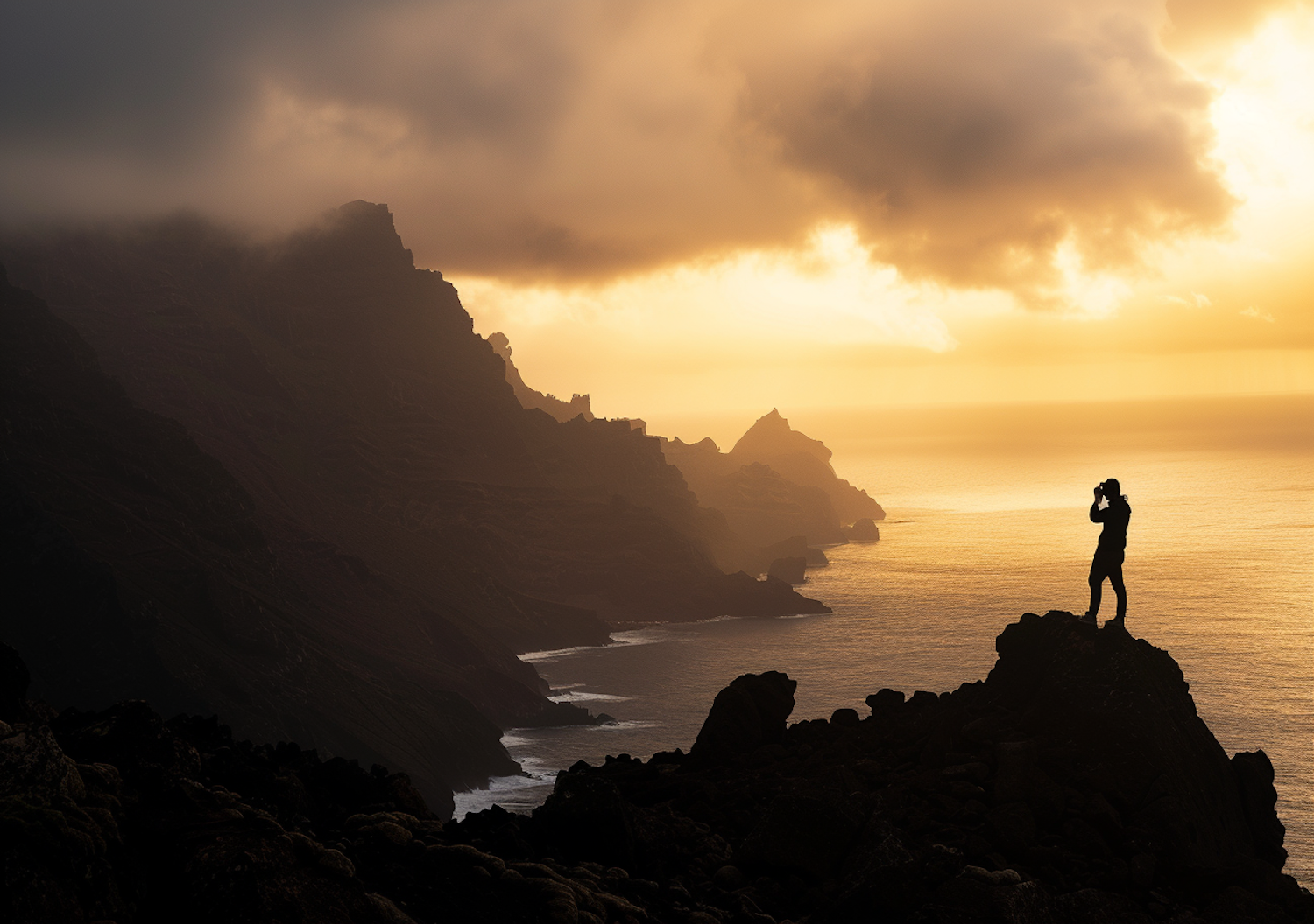 Photographer Silhouetted Against Sunset Cliffs