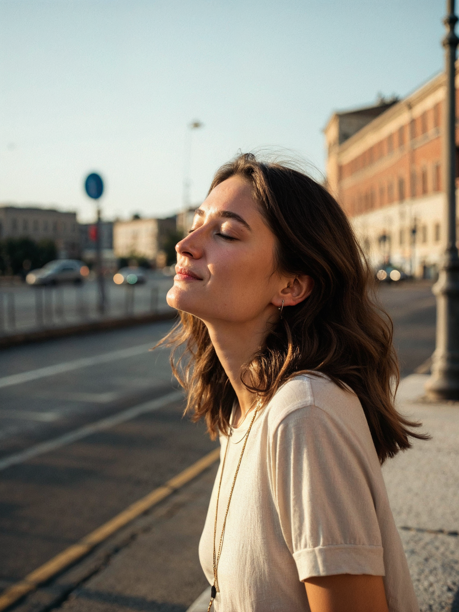 Serene Woman in Sunlit Urban Setting