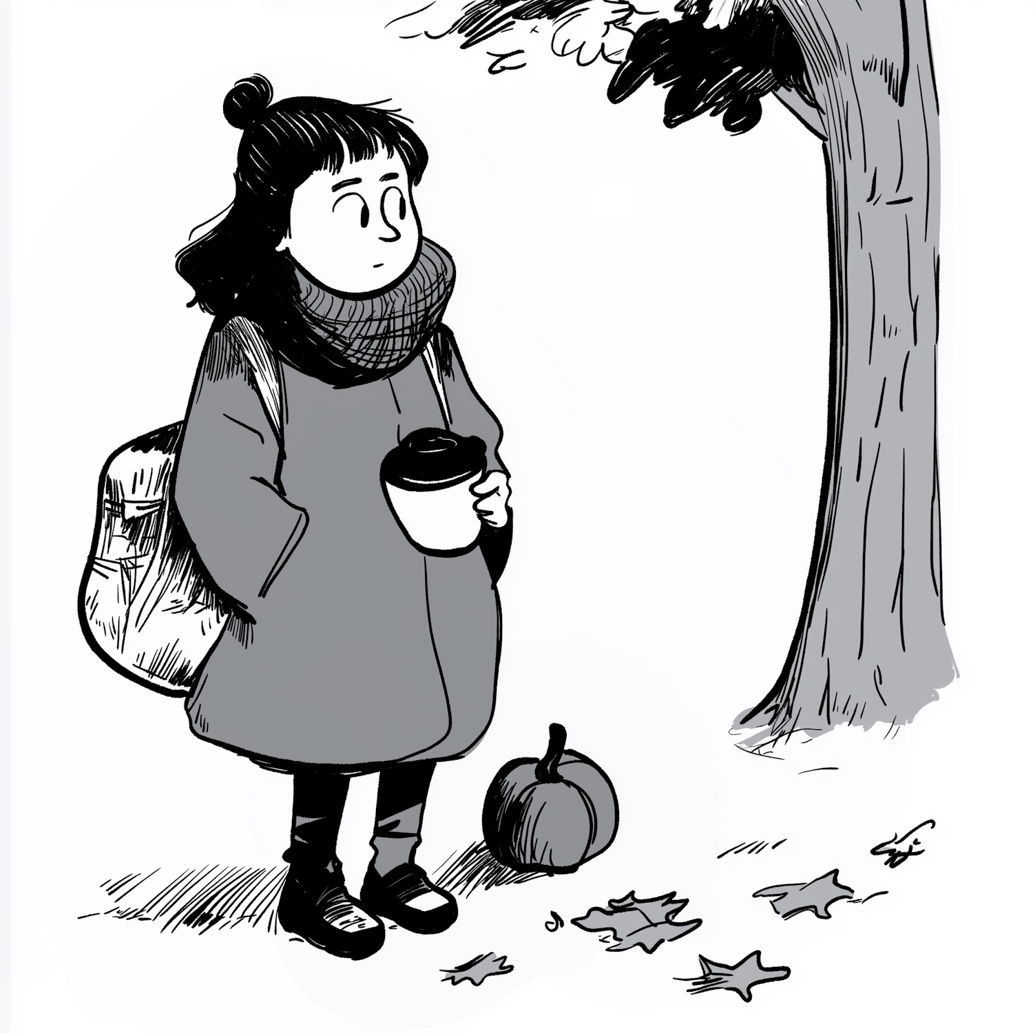 Contemplative Cartoon Character in Autumn