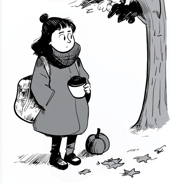 Contemplative Cartoon Character in Autumn