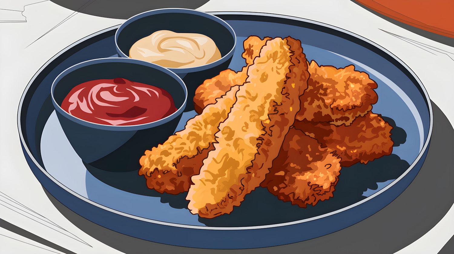 Stylized Illustration of Fried Chicken Tenders with Dipping Sauces