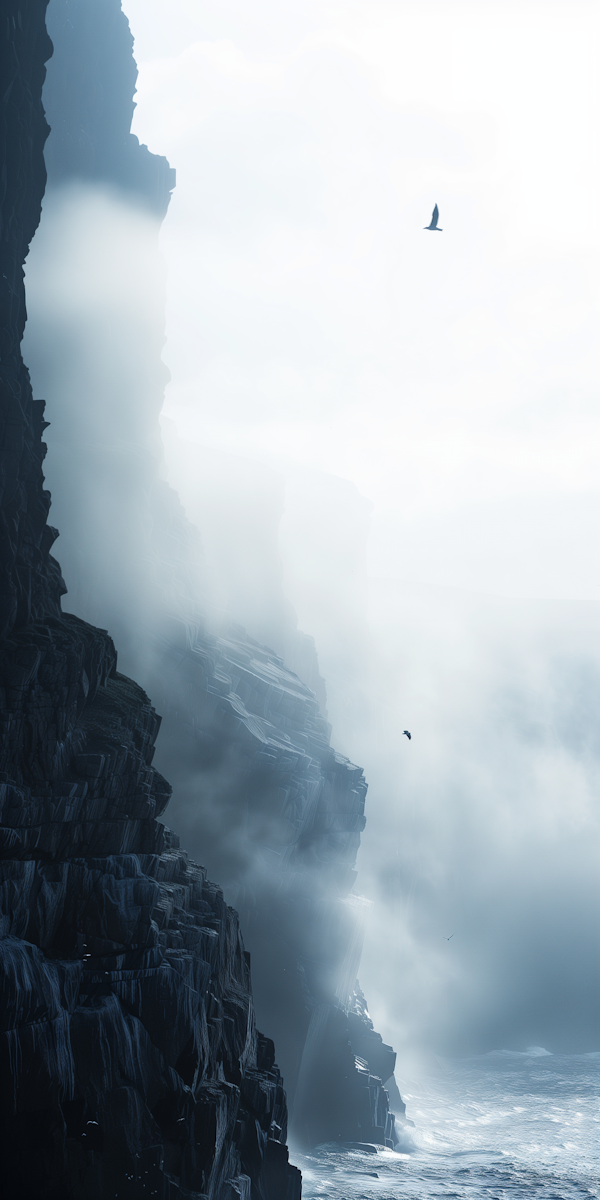 Moody Coastal Cliffs with Birds in Flight