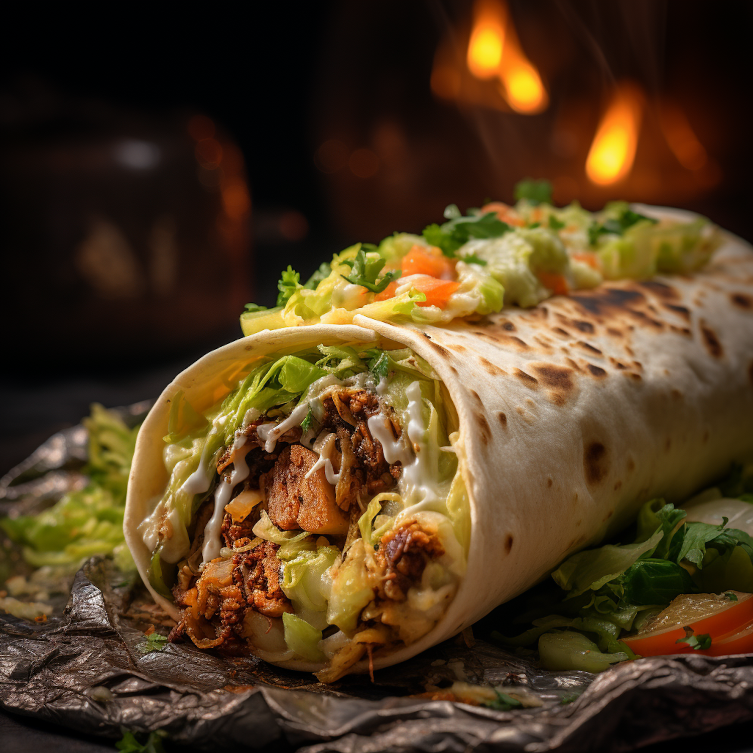 Sizzling Grilled Meat Burrito with Creamy Drizzle and Fresh Herbs