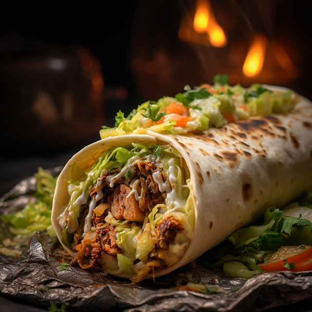 Sizzling Grilled Meat Burrito with Creamy Drizzle and Fresh Herbs