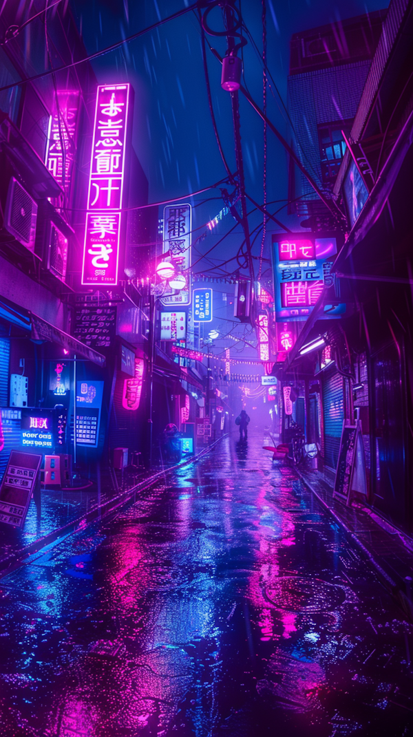 Neon-Lit Rainy City Street at Night