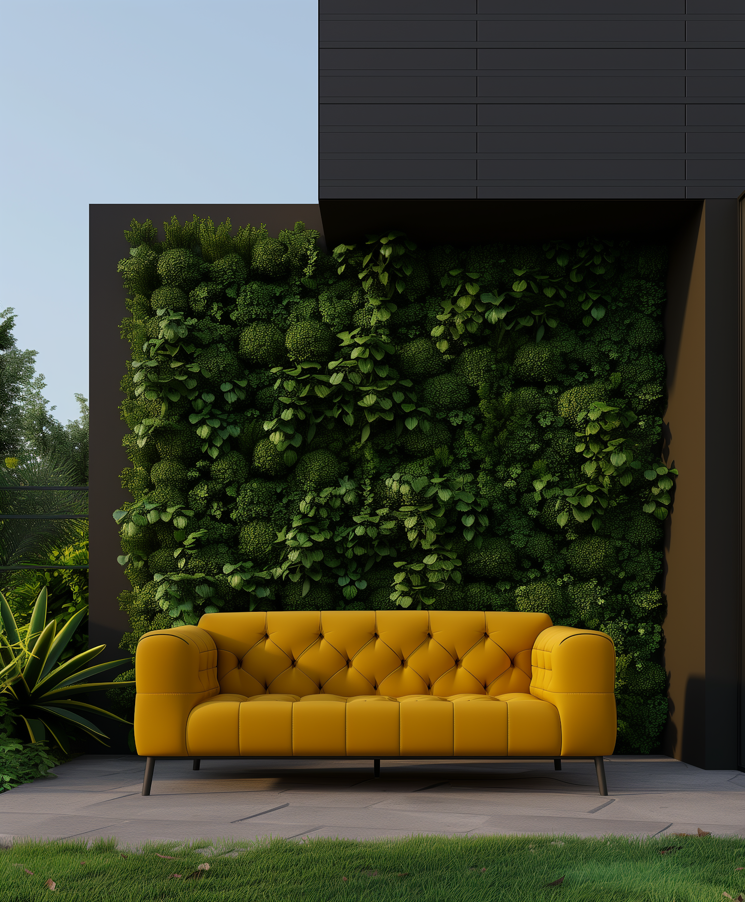 Outdoor Luxury with Vibrant Yellow Sofa and Vertical Garden