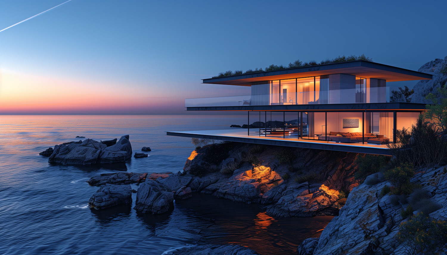 Modern Architectural House on Rocky Coast at Twilight