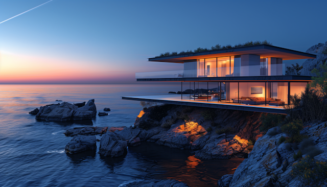 Modern Architectural House on Rocky Coast at Twilight