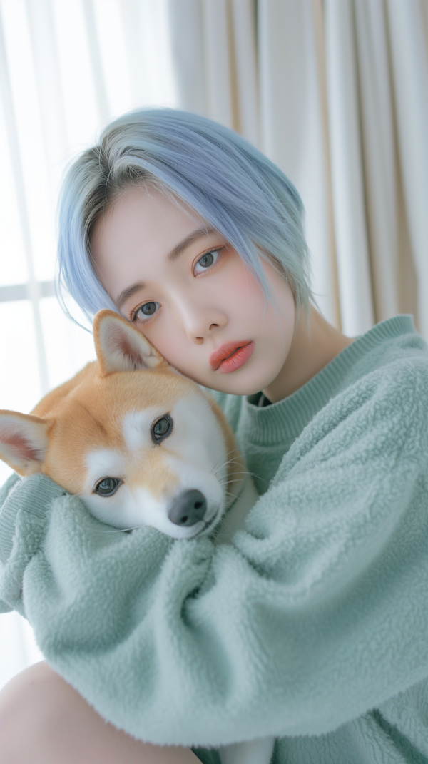 Tranquil Moments with Blue-haired Woman and Shiba Inu