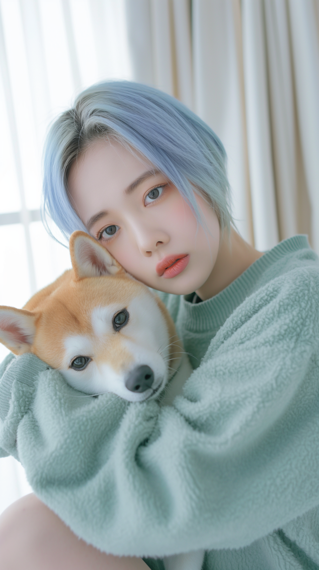 Tranquil Moments with Blue-haired Woman and Shiba Inu