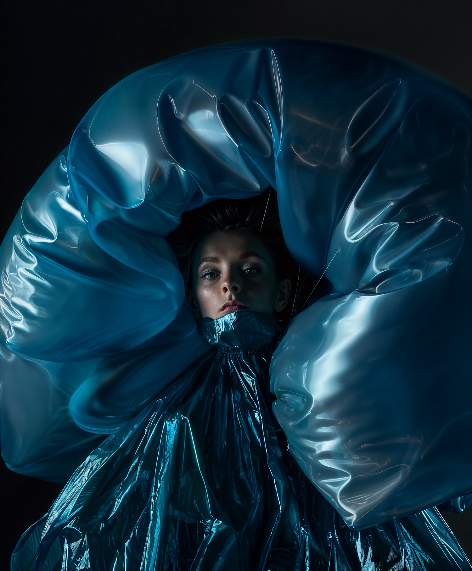 Ethereal Woman in Reflective Blue Fabric