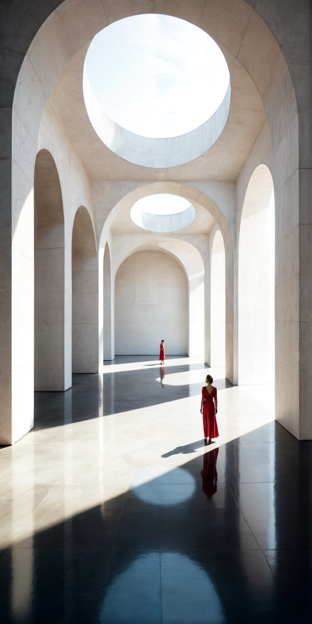 Contemplative Figures in Vast Architectural Space