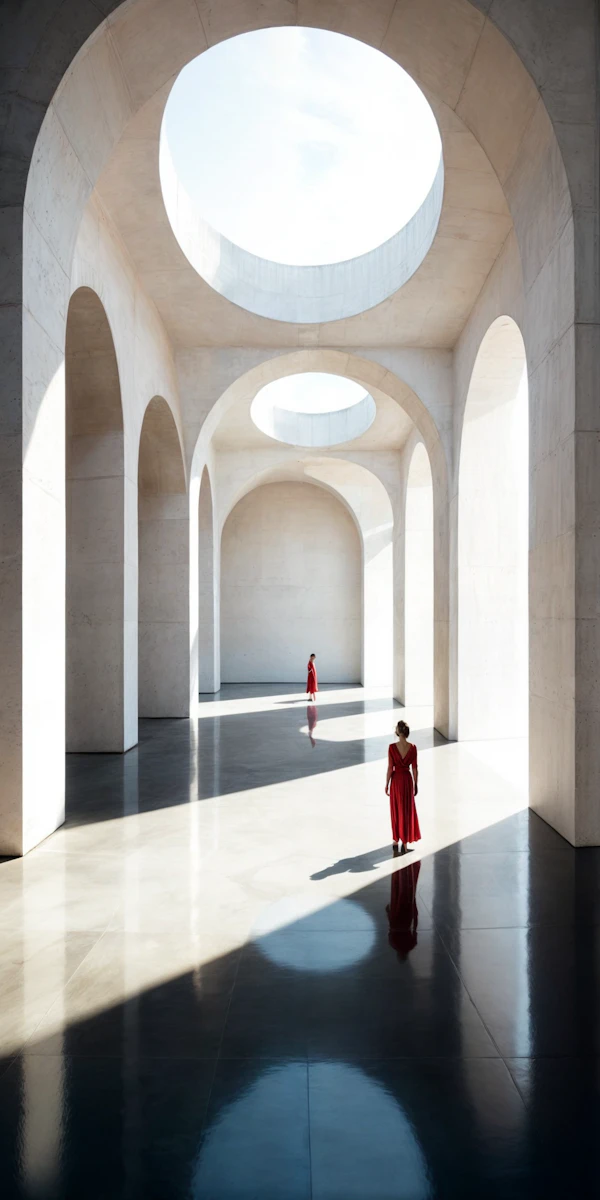 Contemplative Figures in Vast Architectural Space