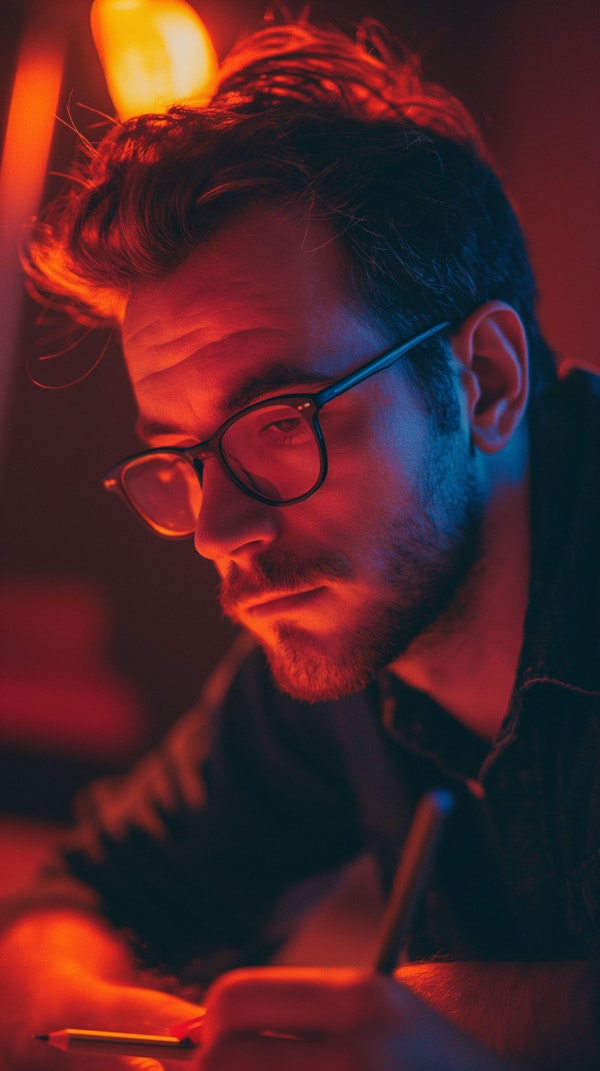 Thoughtful Writer Under Warm Lighting