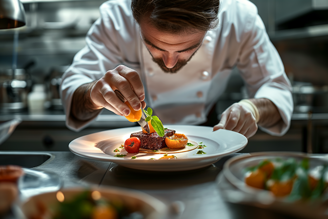 Chef Garnishing a Dish in Professional Kitchen