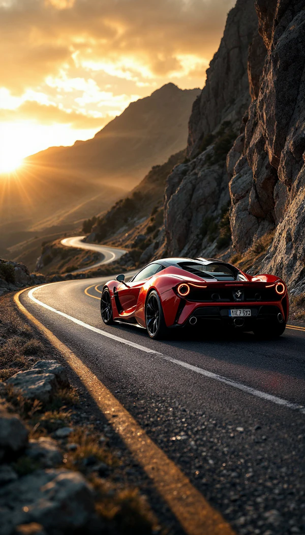 Red Sports Car on Mountain Road at Sunset