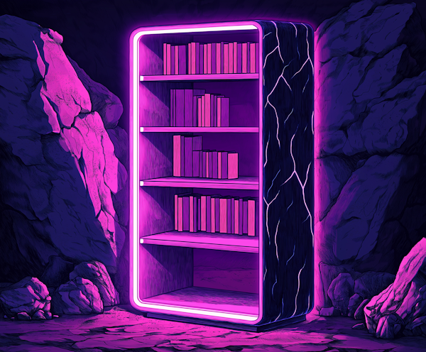 Surreal Neon-Lit Bookshelf in Cave Environment