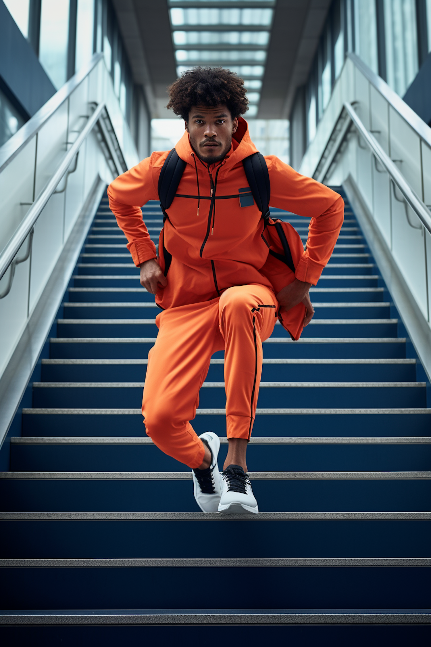 Athletic Man in Orange Tracksuit on Staircase