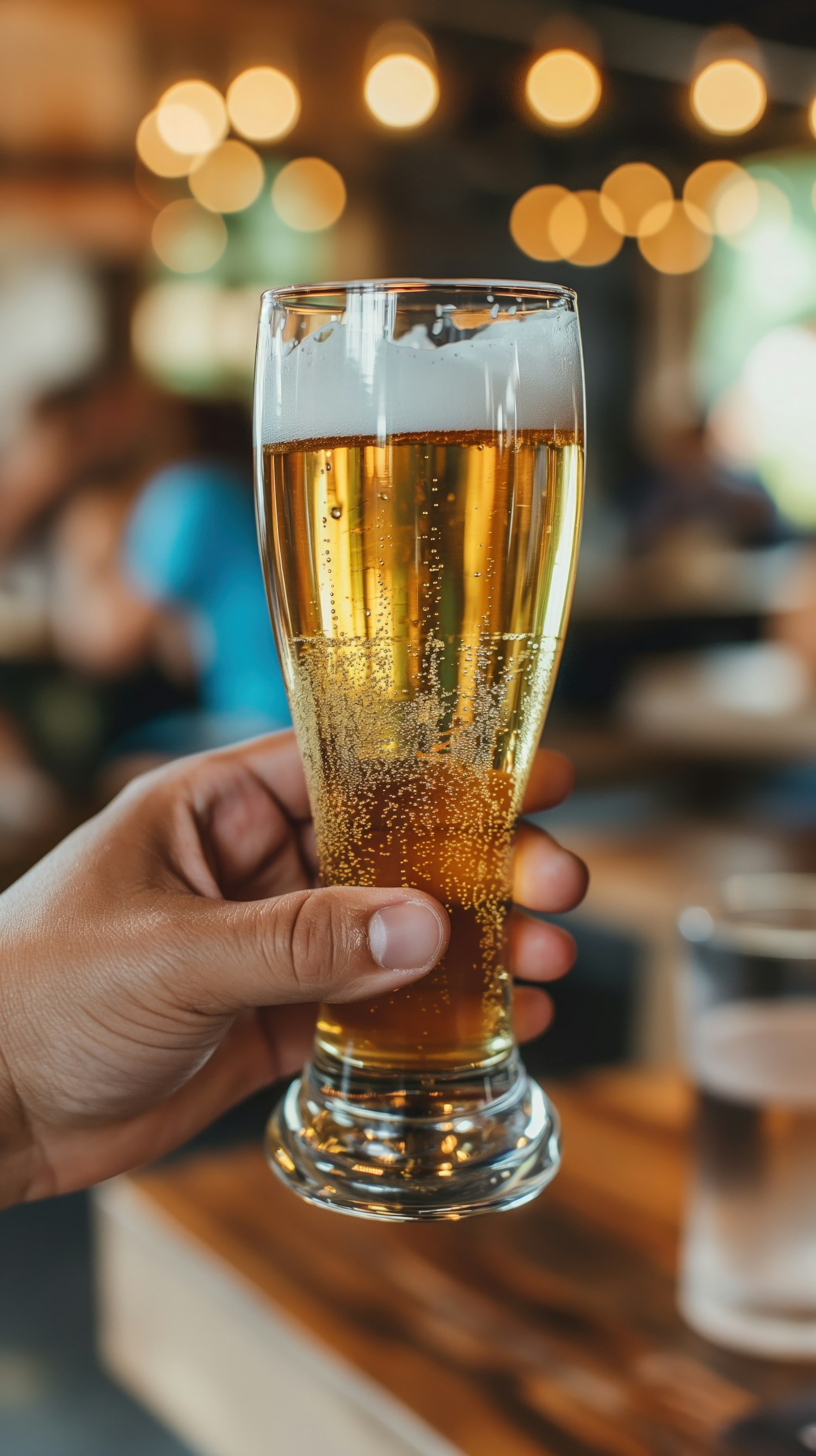 Hand Holding Glass of Beer in Bar