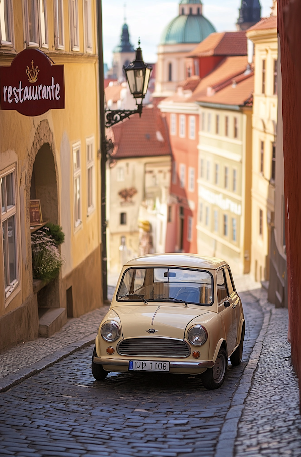 Vintage Mini Cooper on a Cobblestone Street