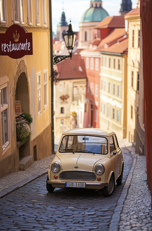 Vintage Mini Cooper on a Cobblestone Street