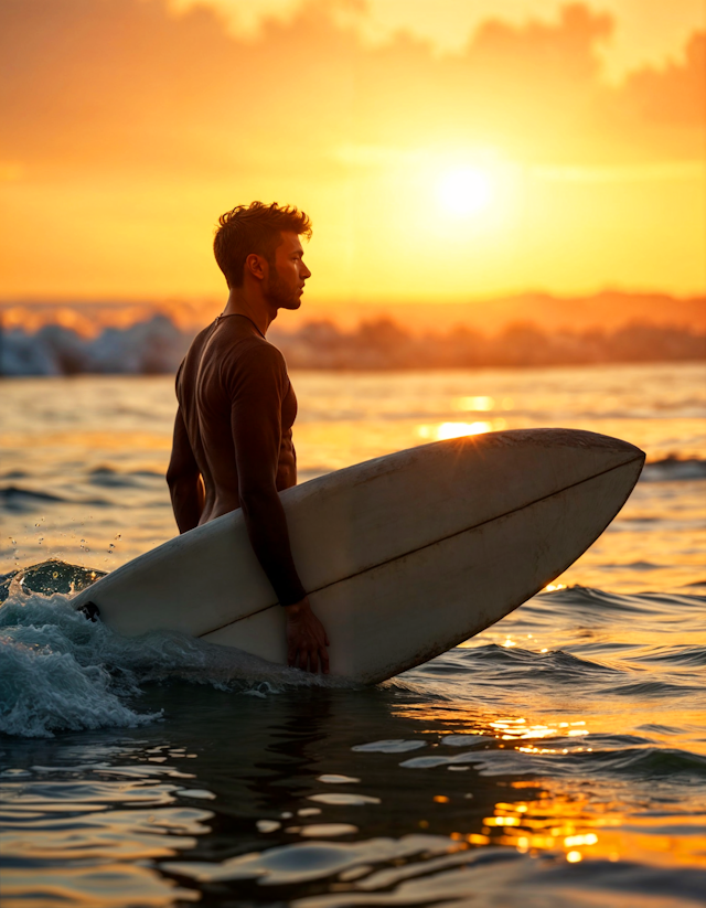 Man with Surfboard at Sunset